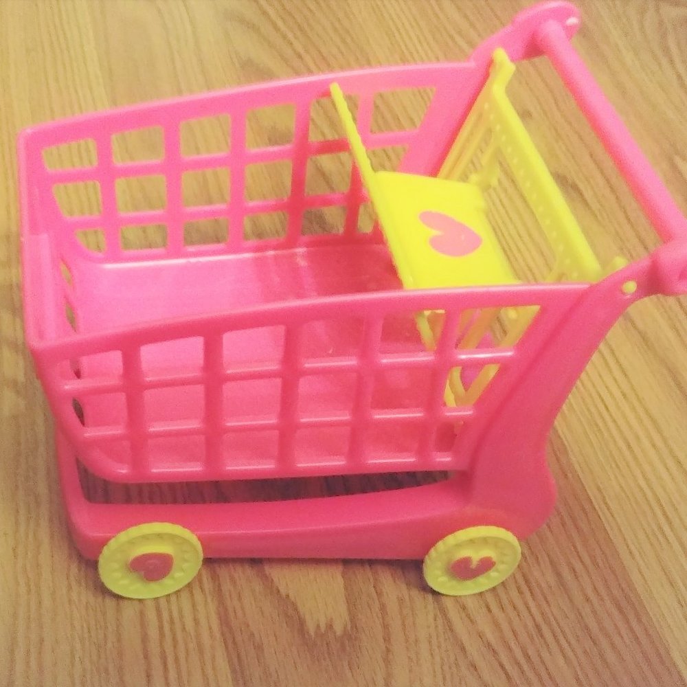 Pink Shopping cart toy buggy grocery yellow heart girl's doll pretend play food